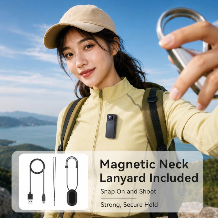 Wearable Body Camera with Magnetic Lanyard Rotatable Lens WiFi Mini Vlog Action Cam EIS Video Recorder, 1080P, 4K