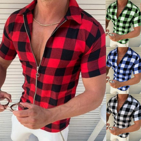 Plaid T Shirt Mens Zipper Short Sleeve Shirts Summer Men Clothing